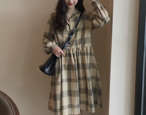 裙子春装2019新款韩版宽松娃娃裙复古格子...