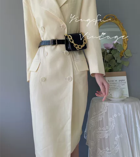 vintage 奶白色港风复古双排扣中长款...