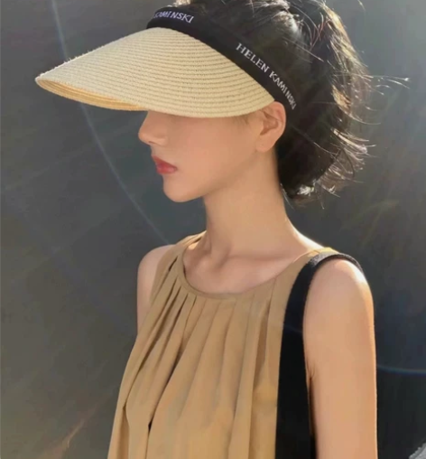 空顶防晒帽女夏季草帽遮脸防紫外线出游发箍式...