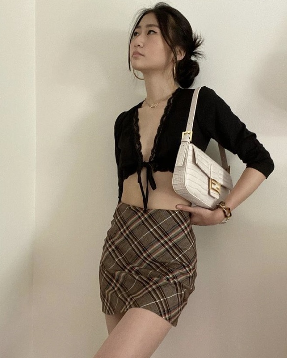 2021春夏新款美式复古辣妹高腰格子短裙包...