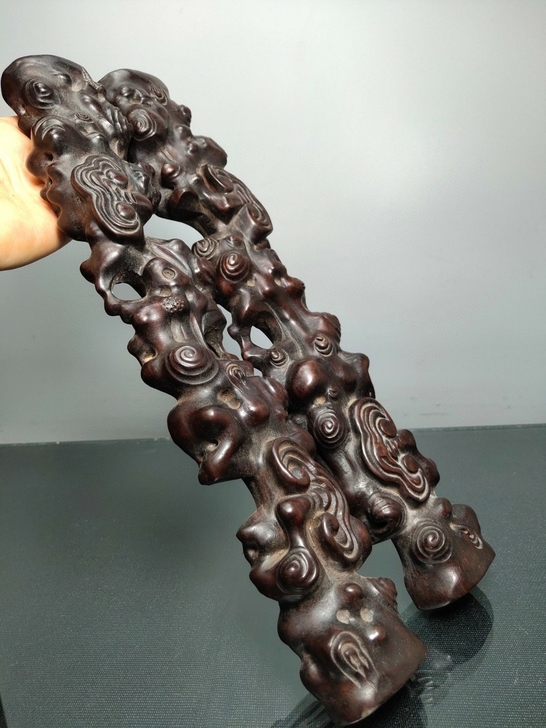 旧藏老黑檀木纯手工雕刻灵芝松枝《寿比南山不...
