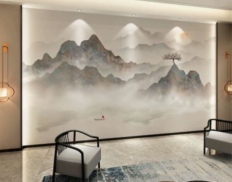 山水风景画电视墙背景墙壁画装饰客厅沙发壁纸...