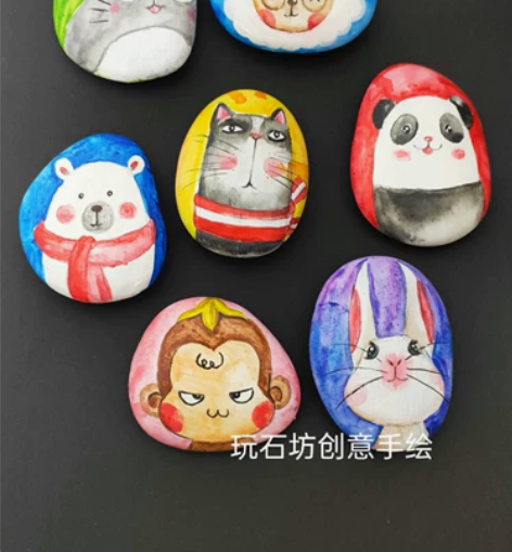 卡通动漫定制小兔子熊猫小石头手绘镇纸石，有...