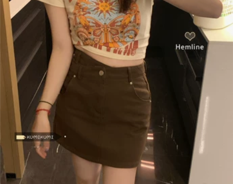 复古牛仔裙棕色半身裙女夏季小个子包臀裙高腰...