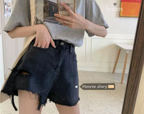 黑色牛仔超短裤女设计感小众宽松显瘦高腰夏破...