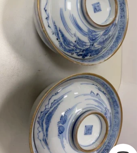 老青花描金盖碗细工山水，江户明治时期精品，...