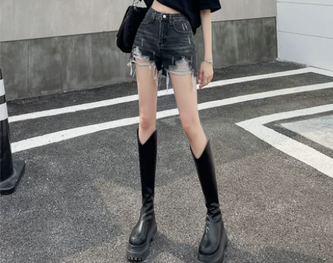 破洞牛仔短裤女2022年夏季新款高腰薄款烟...