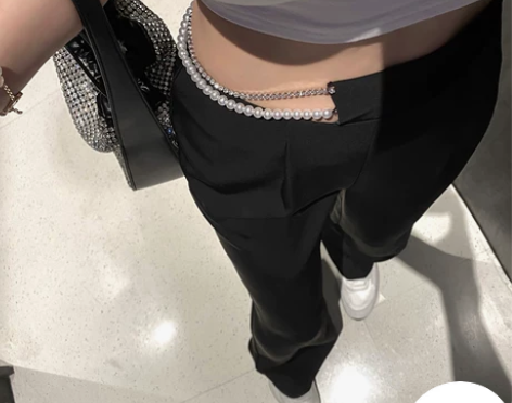 黑色阔腿裤女高腰垂感高级感珍珠水钻腰链西装...