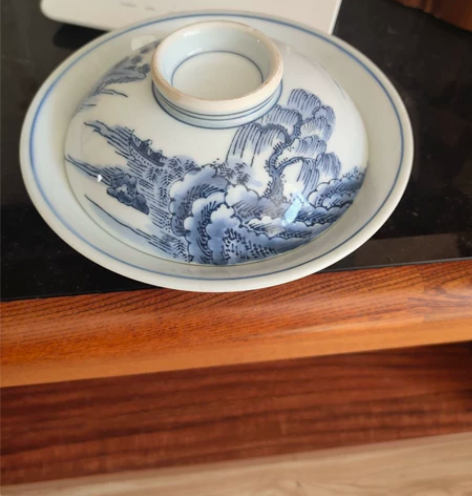 大尺寸手绘老茶碗,山水图案画工漂亮,个人收...