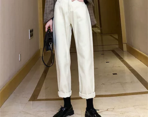 宽松阔腿裤裤高腰直筒显瘦白色牛仔裤子女 长...
