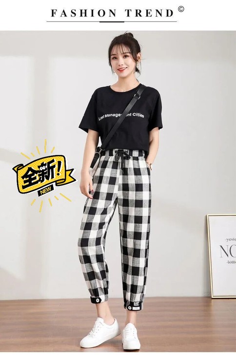 春夏季哈伦裤女,宽松百搭束脚裤,松紧腰格子...