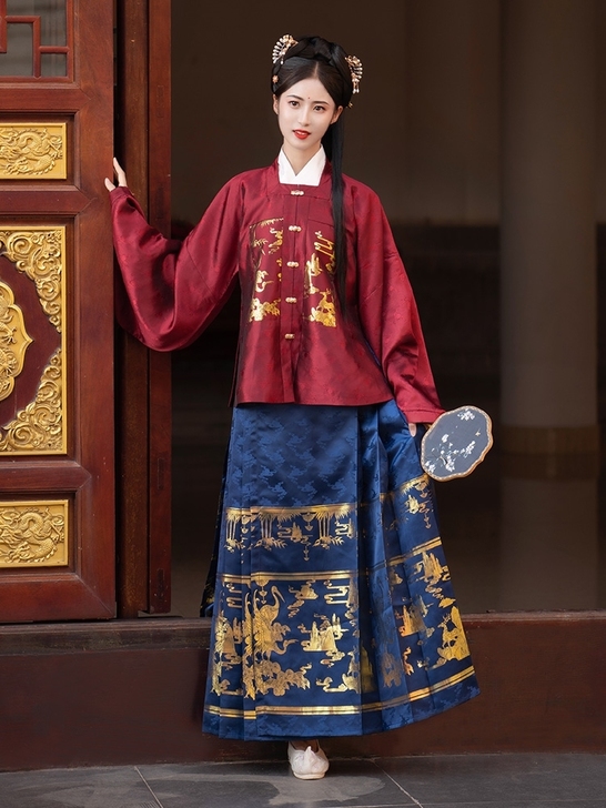 兰佩蝶汉服女明制【鹤云归】蓝色马面m码穿一...