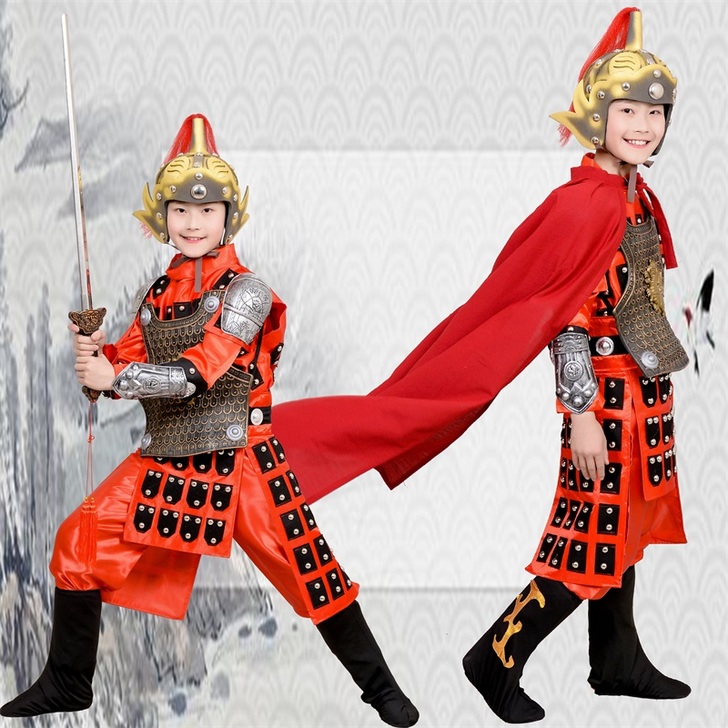 儿童古装盔甲将军演出服赵子龙士兵古代战袍三...