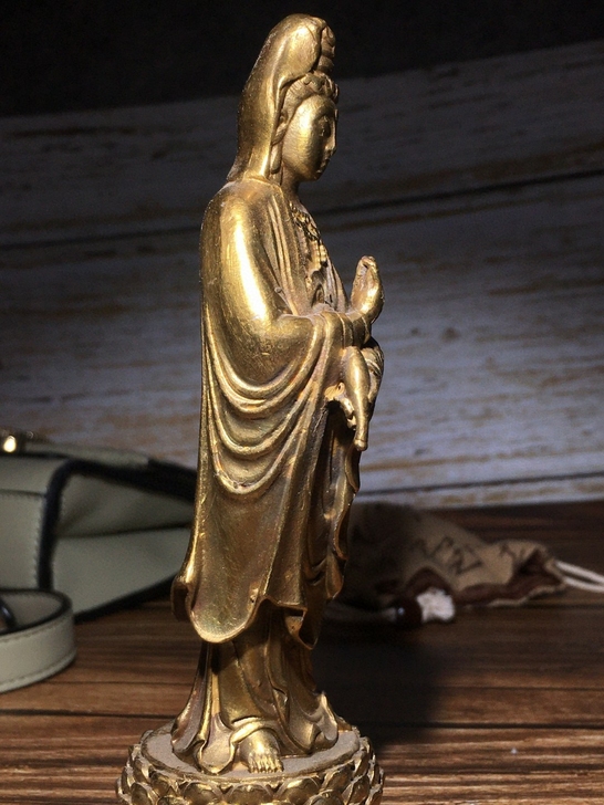 黄铜净瓶观音佛像铜佛像南海观世音菩萨铜像站...