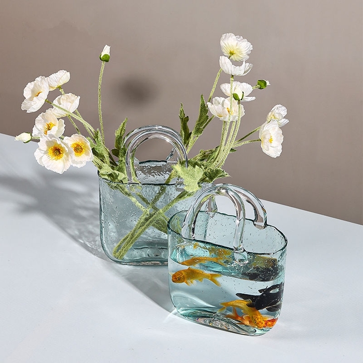 【捡漏价】花瓶 透明 玻璃手提包包花瓶北欧...