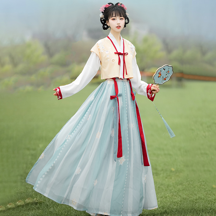 汉服女正品原创改良唐制褙子齐腰褶裙日常白菜...
