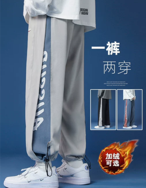 裤子宽松高街潮流抽绳束脚男春秋冬季直筒工装...