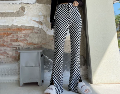 加绒棋盘格裤子秋冬新款复古高腰开叉喇叭裤女...