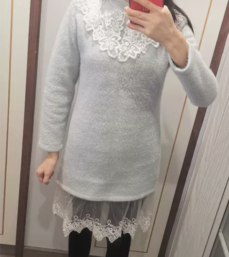 淡蓝色 法式复古宫廷风仿貂毛 针织连衣裙 ...