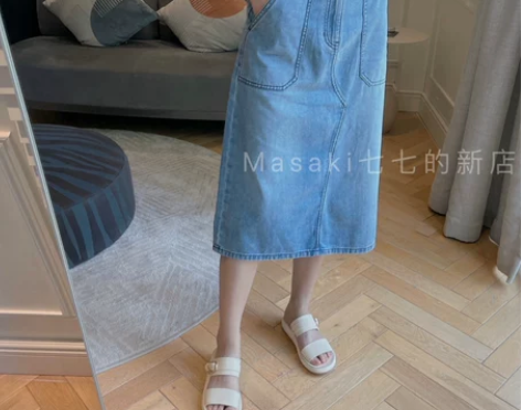 七七家薄款~软糯水洗拼接感中长牛仔半身裙 ...