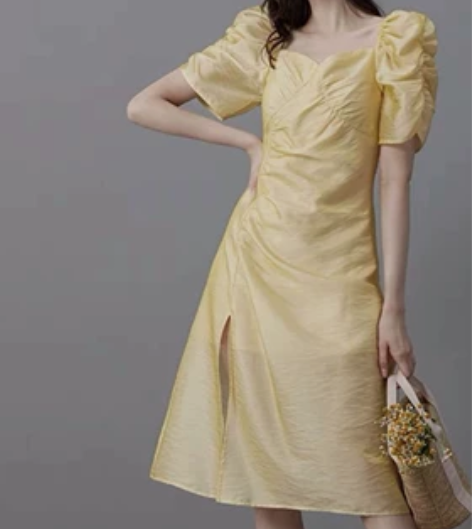 卡芮茜高级感气质修身中长裙子女夏天开叉泡泡...