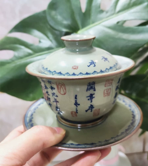 特价处理纯手工手绘兰亭序青花盖碗景德镇柴窑...