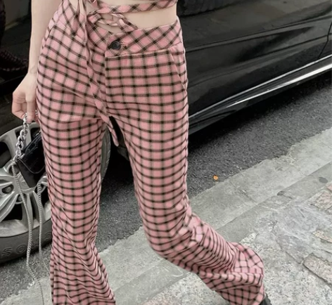 微喇叭格子休闲裤女春夏复古港风高腰阔腿裤宽...