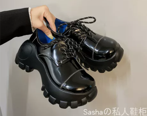 2022春秋新款增高厚底小皮鞋女黑色粗跟乐...