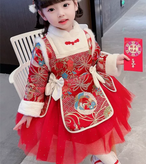 可出 女童冬天过年连衣裙可爱年服民族风裙...