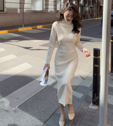 人手必入打底裙 法式高领收腰针织连衣裙女冬...