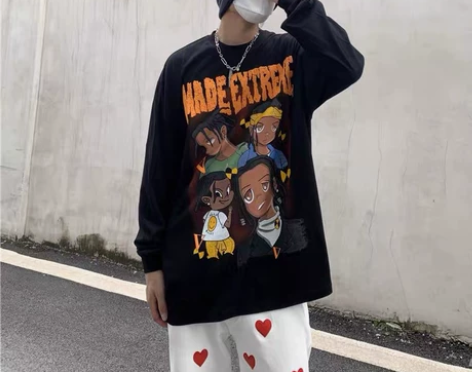 欧美高街宽松潮牌长袖嘻哈歌手动漫人物印花T...