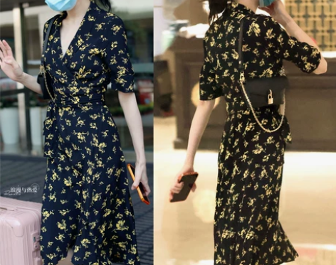 明星乔晶晶迪丽热巴同款连衣裙女夏V领法式复...