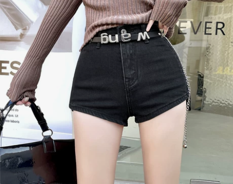 高腰牛仔短裤女2023年新款美式弹力修身裤...