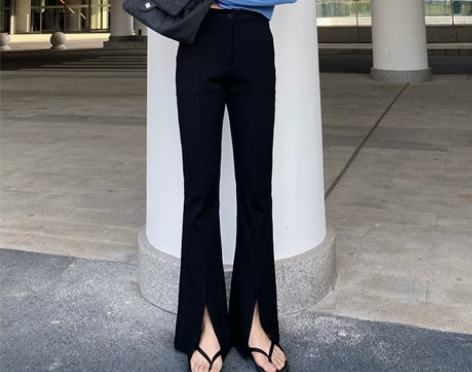 黑色高腰开叉微喇叭裤子女2021春夏新款休...
