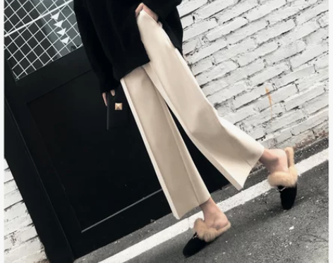 2018秋冬韩版毛呢阔腿裤女高腰直筒裤宽松...
