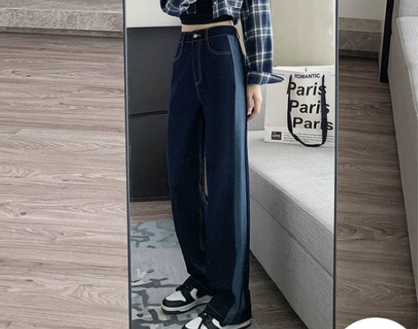 高腰拼接阔腿牛仔裤女小众设计感高级春秋胖妹...