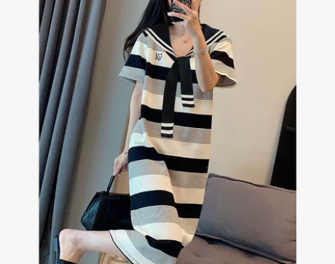 海军领条纹连衣裙女学院风中长款减龄t恤裙子...
