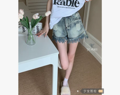 复古破洞牛仔裤女夏季甜辣高腰设计感超短裤A...