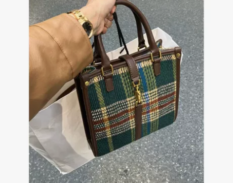 小众格纹托特包包女2022新款潮复古手提包...