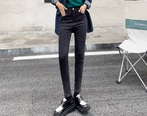 卡希琳烟灰色牛仔裤女高腰紧身小脚裤显瘦长裤...