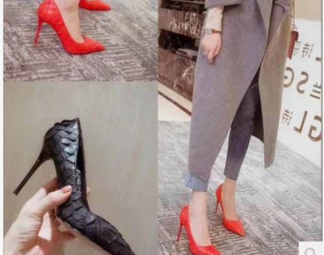 欧美春季新款黑色女鞋蛇纹真皮尖头细跟单鞋（...