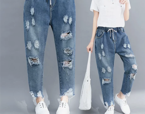 大码女装破洞牛仔裤2019夏季新款胖mm2...