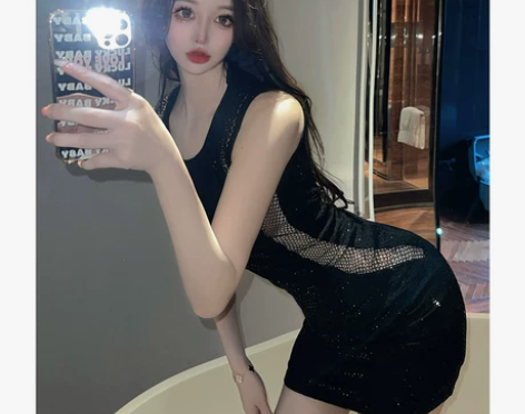 无袖背心连衣裙女别致惊艳甜辣裙网纱拼接包臀...