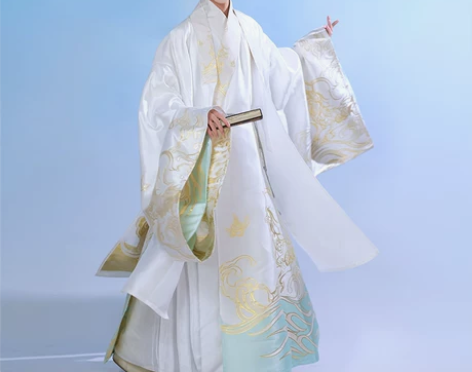 如梦霓裳汉服男明制道袍白泽织金白披风中国风...