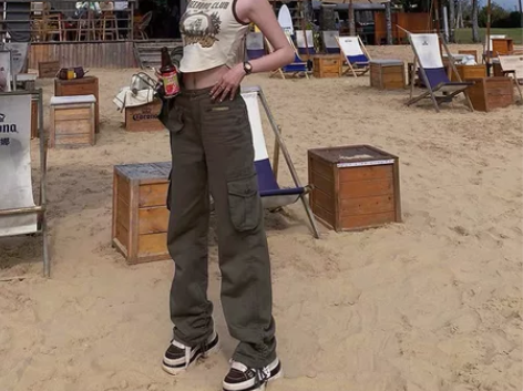 BeerBro美式复古高腰直筒休闲裤女春欧...