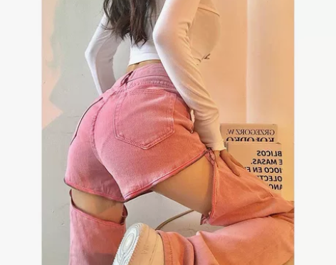粉色裤子可拆卸拉链设计感高腰显瘦夏季薄款美...