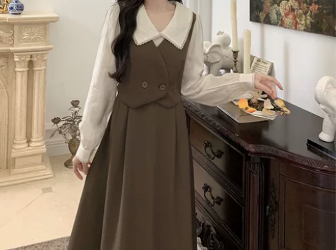 大码法式娃娃领假两件长袖连衣裙女秋季设计感...
