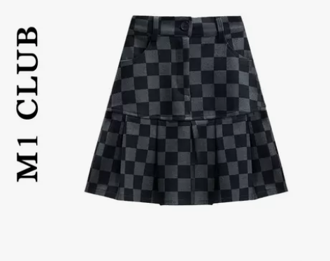 M1 CLUB大码女装棋盘格高腰半身裙子时...
