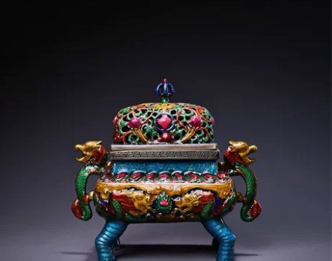 旧藏下乡收纯铜镶嵌景泰蓝 珐琅彩熏香炉 品...