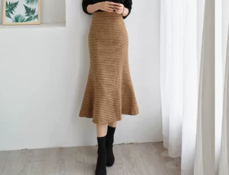 鱼尾裙半身裙秋冬女新款高腰修身显瘦格子包臀...